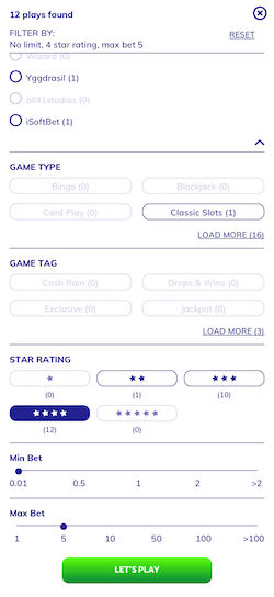 Game Menu at PlayOJO