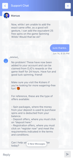 Live chat at PlayOJO