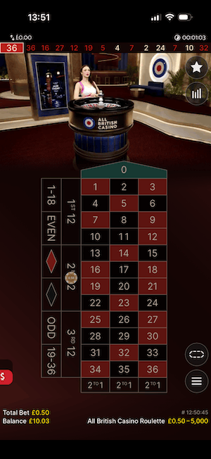 All British Casino branded roulette game