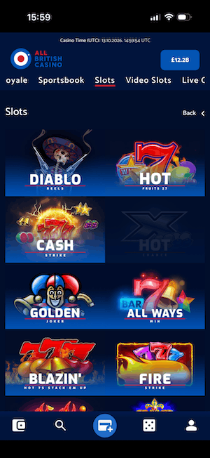 Game menu at All British Casino
