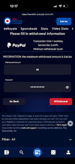 Requesting a withdrawal at All British Casino