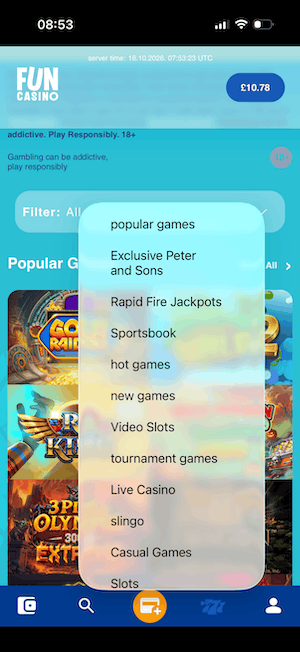 The game menu at Fun Casino