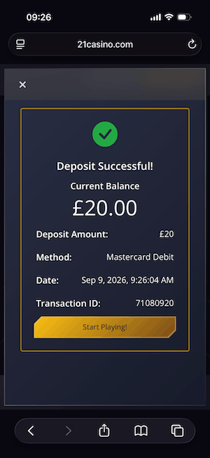 Succesful deposit at 21 Casino
