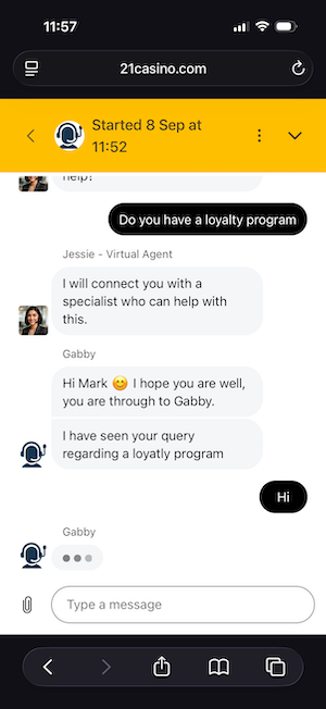 Live chat at 21 Casino