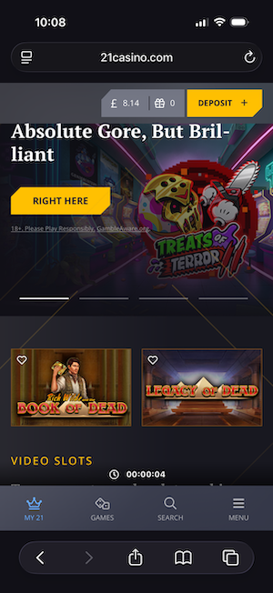 21 Casino mobile website