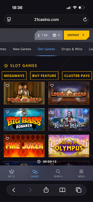 Slots Menu at 21 Casino