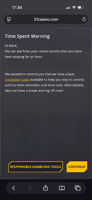 A session time reminder at 21 Casino