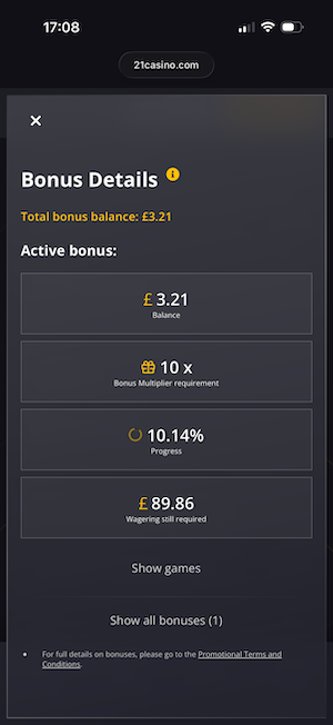 Monitoring wagering progress at 21 Casino