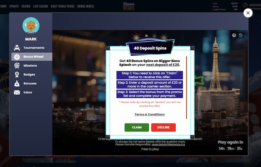 Daily Bonus Wheel wins at Dream Vegas