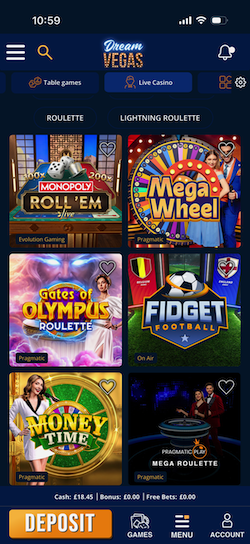 Live dealer selection at Dream Vegas