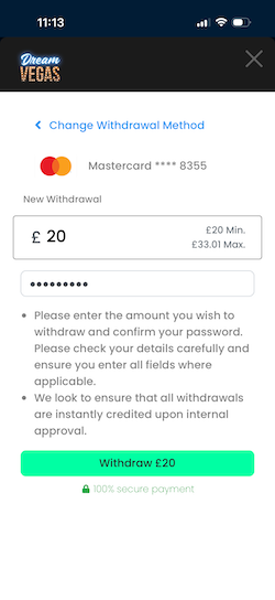 Withdrawal request at Dream Vegas