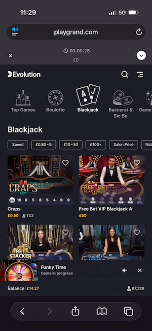 Blackjack Lobby at PlayGrand