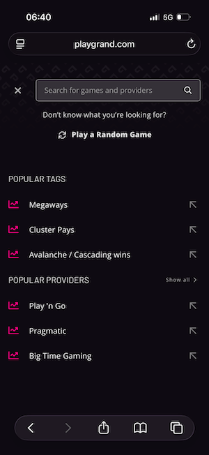 Game menu at PlayGrand