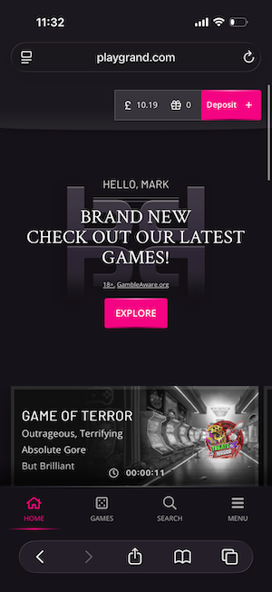 PlayGrand home page on mobile