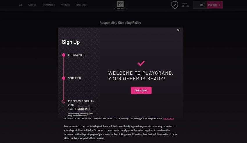 PlayGrand Sign Up Confirmation