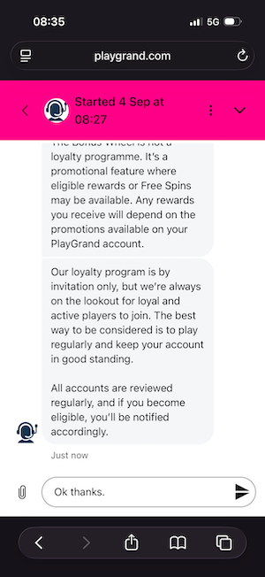 Live chat at PlayGrand