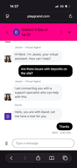Live chat support at PlayGrand