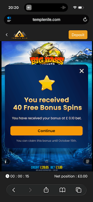 40 free spins at Temple Nile