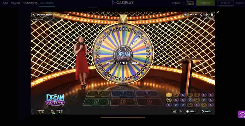 Dream Catcher live casino game at Casiplay