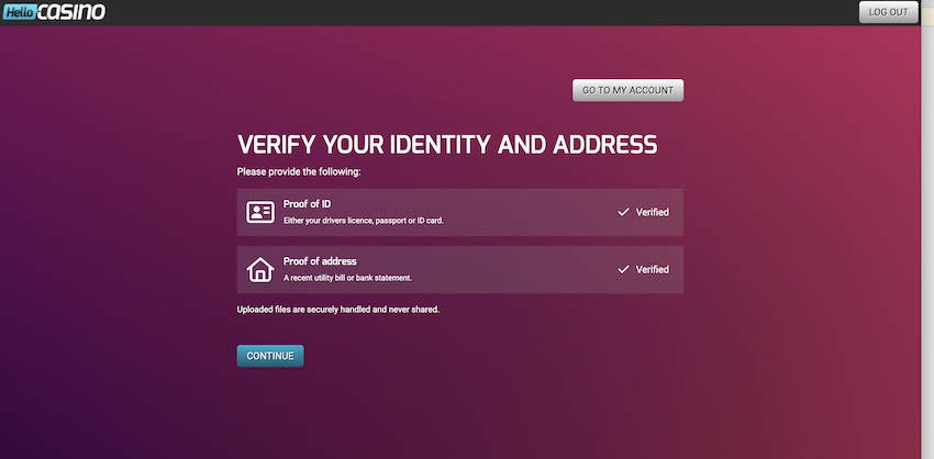 Hello Casino verified account page