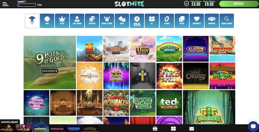 Games menu at Slotnite