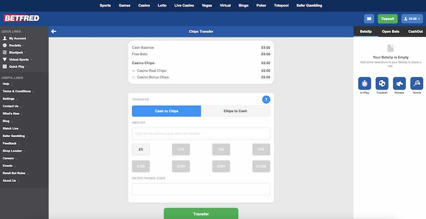 Transfer Cash to Chips at Betfred