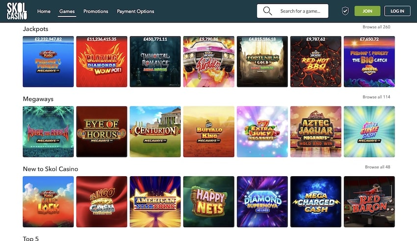 Skol Casino Games Menu