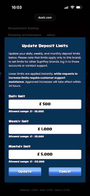 Setting spend limits at Duelz Casino