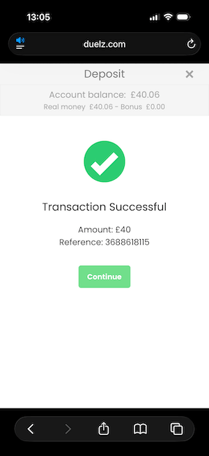 Deposit confirmation at Duelz Casino