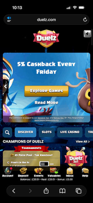 Duelz Casino home screen