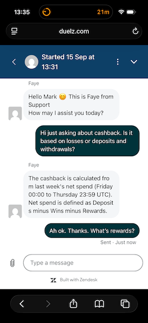LIve chat at Duelz Casino
