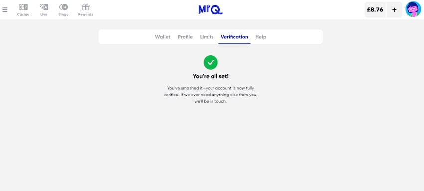 Account verification confirmed at MrQ