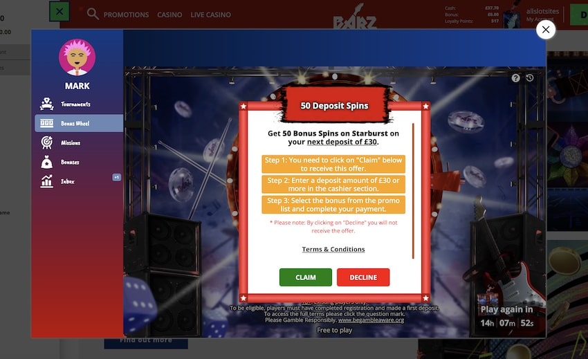 Daily Bonus Wheel at Barz Casino