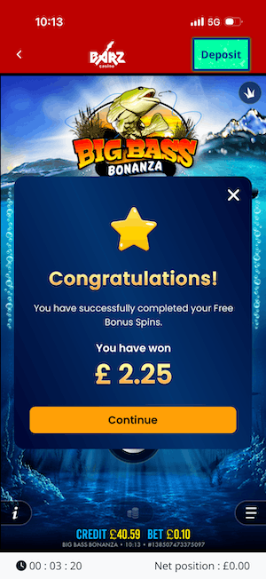 Free Spins winnings
at Barz Casino