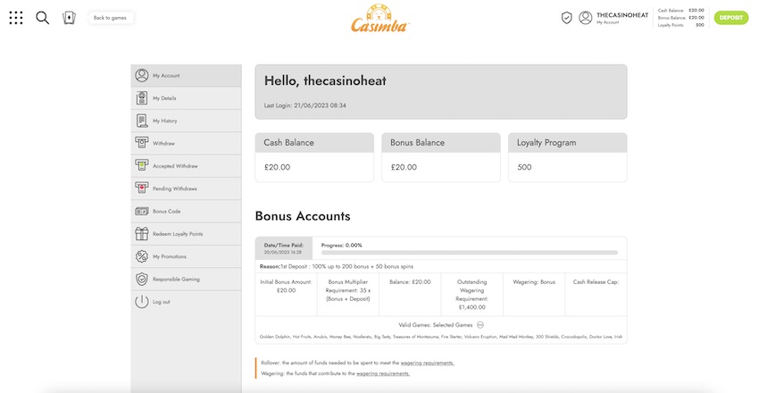 Account page at Casimba