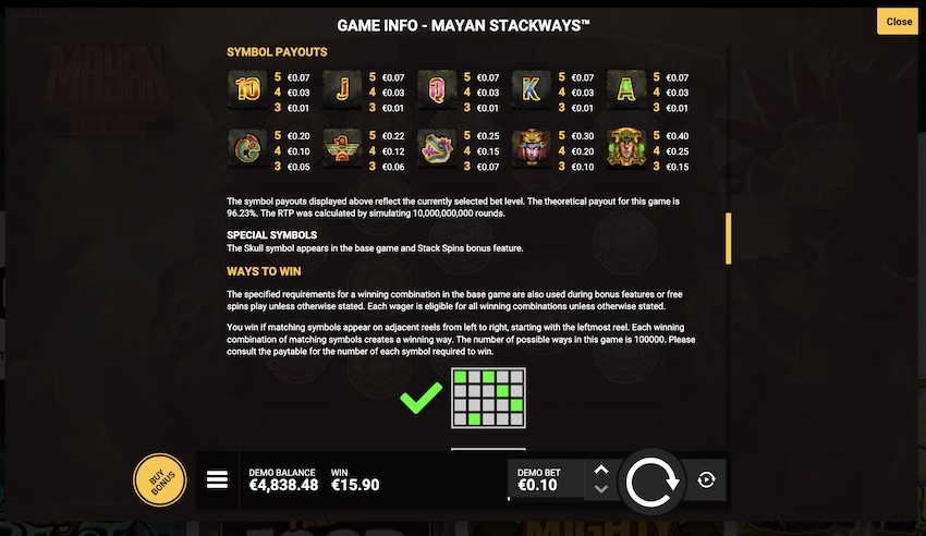 Mayan Stacks Paytable