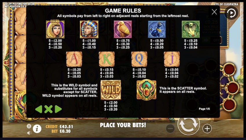 Eye of Cleopatra Slot Paytable