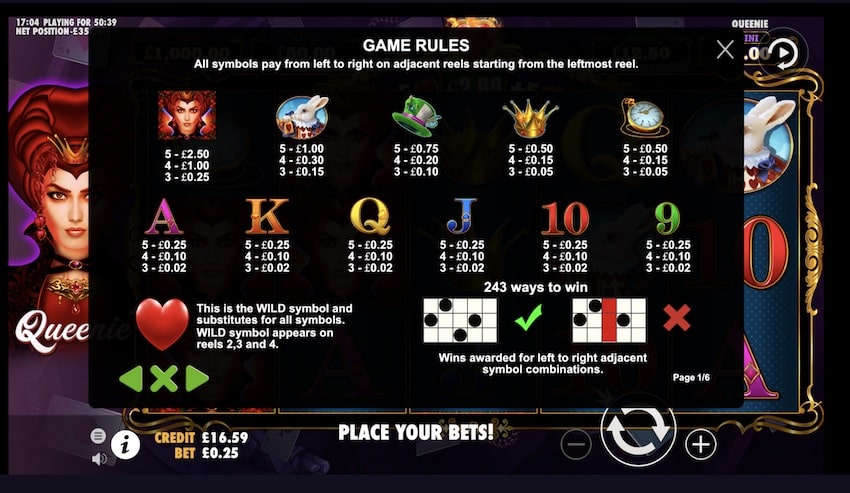 Queenie Slot Paytable