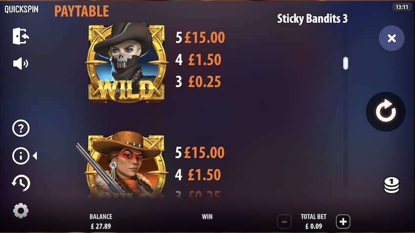 Sticky Bandits 3 Most Wanted Paytable
