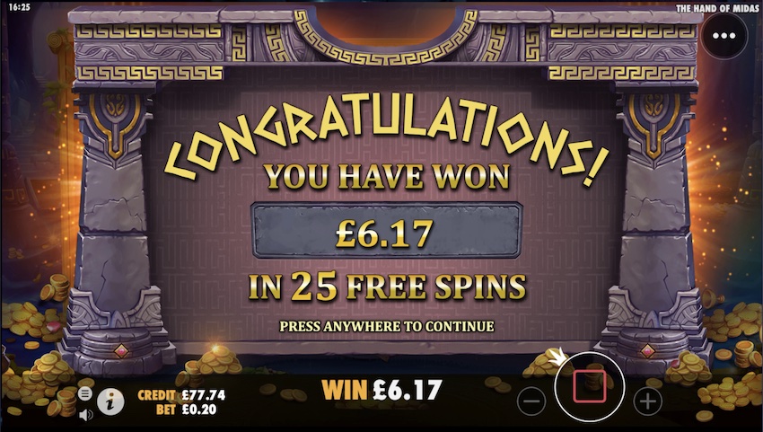 30.8x win in Hand of Midas free spins