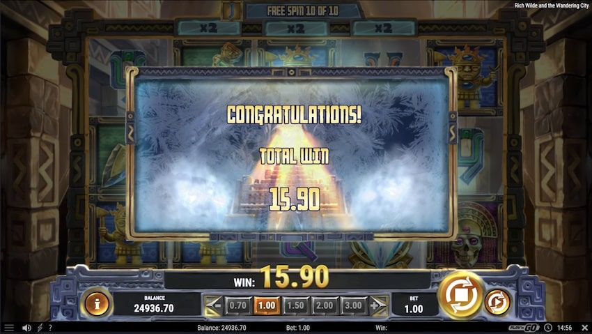 A 15.9x win from the free spins round in Wandering City