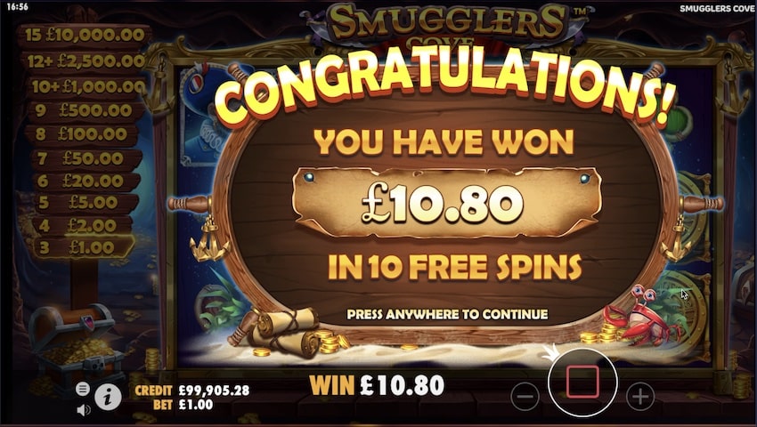 A 10.8x win from free spins on Smuggler's Cove