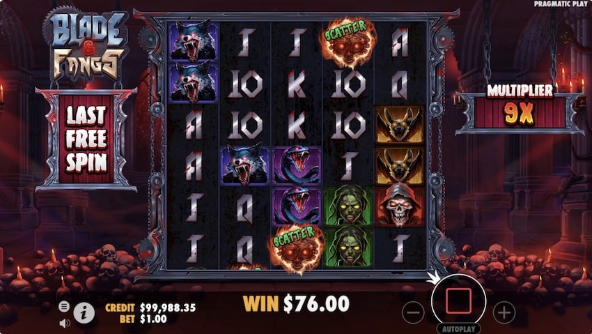 A 76x win from free spins in Blade and Fangs