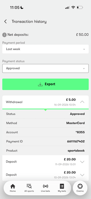 Transaction history at 10bet