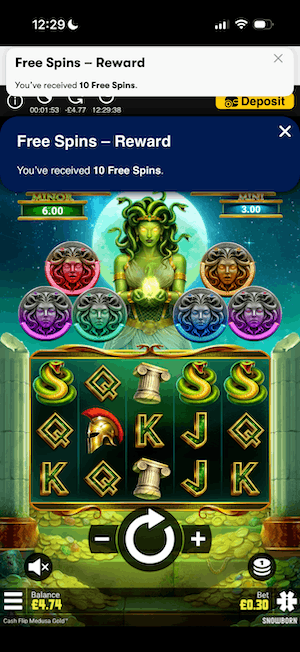 A popup message notifying of free spins at 10bet