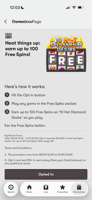 A free spins offer advertised at 10bet