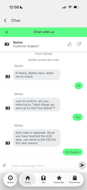 Live chat at 10bet