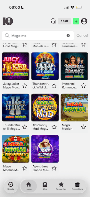 Searching Mega Moolah games at 10bet