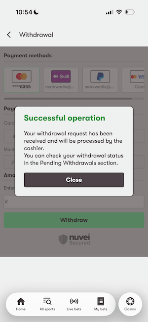 Withdrawal confirmation at 10bet