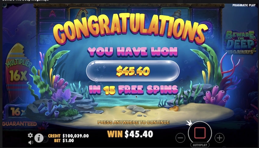 A Free Spins win in Beware The Deep